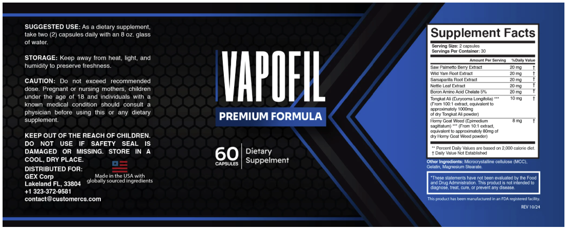 VapoFil supplement facts label